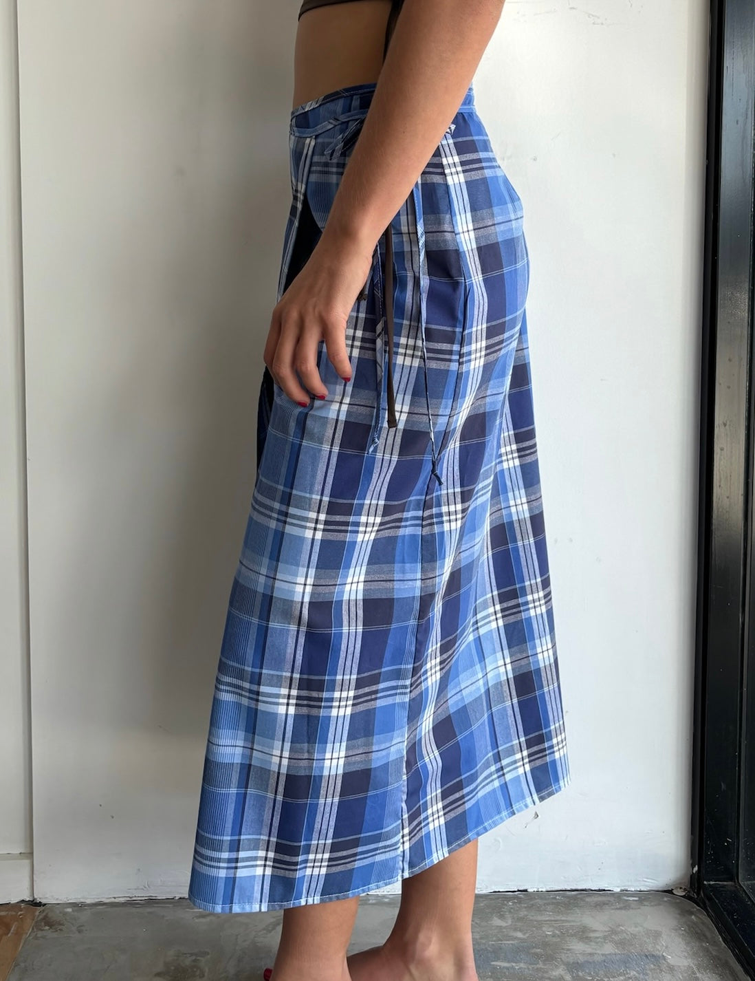 Midi Wrap Skirt in Blue Tartan