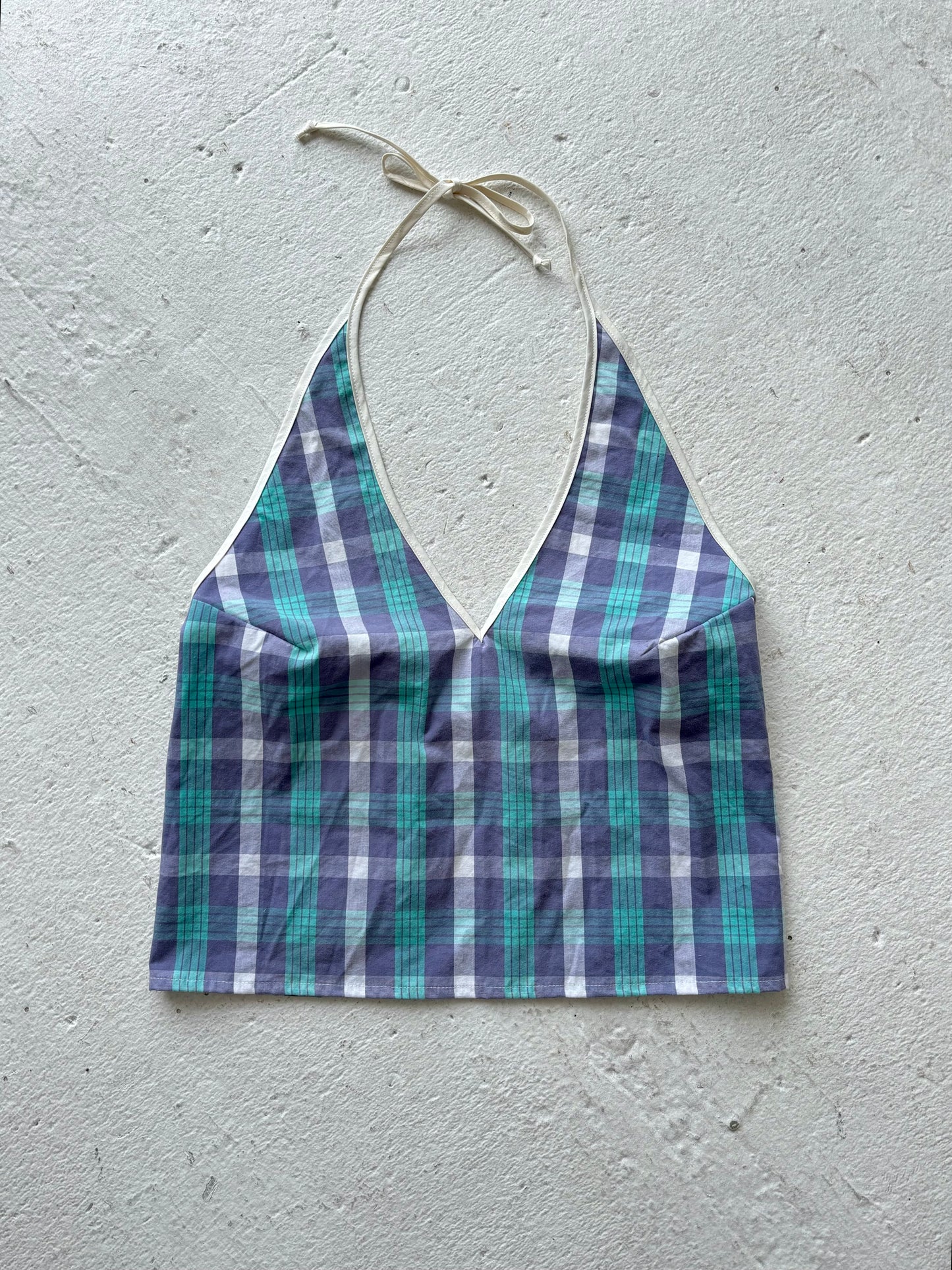 M Plunge Neck Halter Top in Purple Green Check