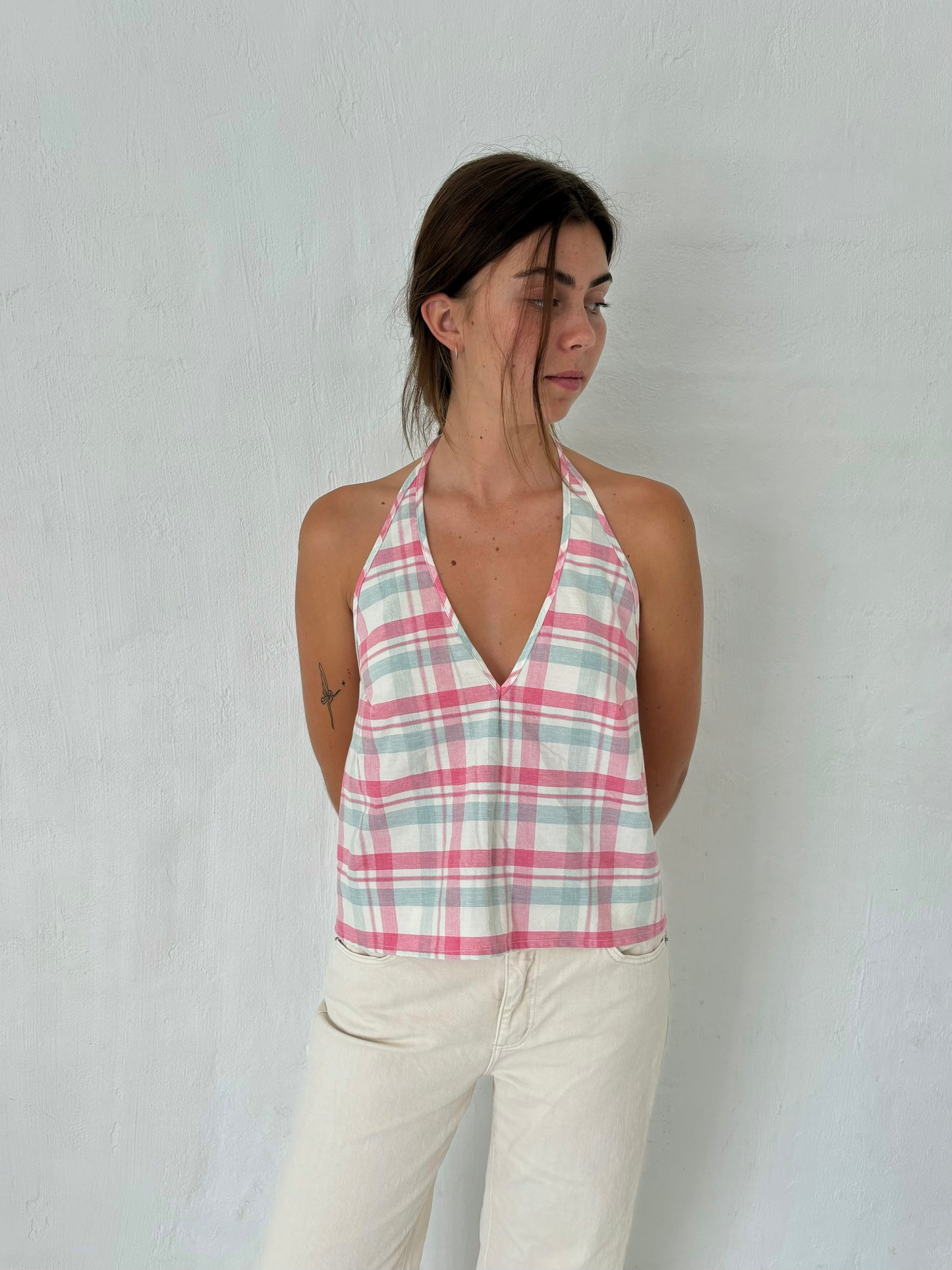 M Plunge Neck Halter Top in Pink Blue Plaid