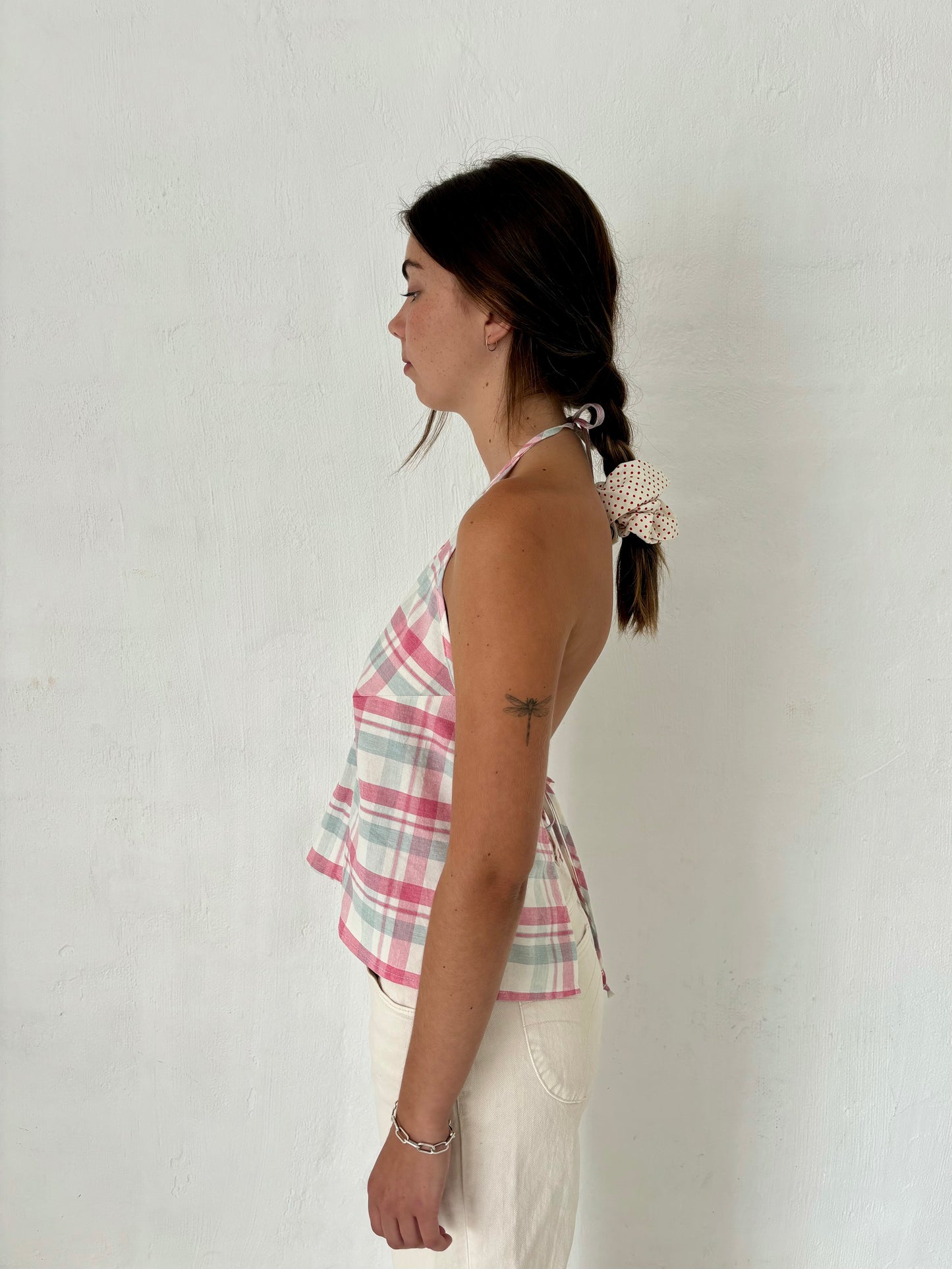 M Plunge Neck Halter Top in Pink Blue Plaid