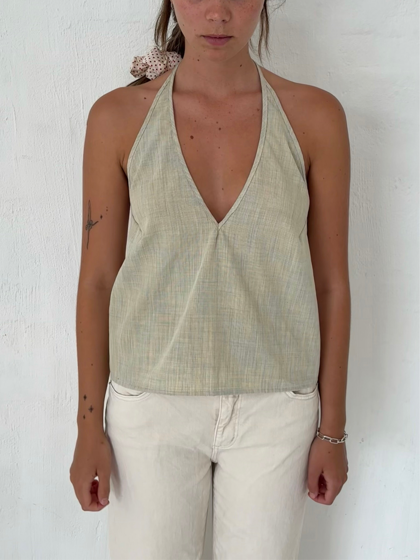 M Plunge Neck Halter Top in Beige Chambray