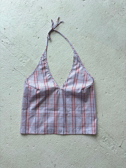 L Plunge Neck Halter Top in Red Purple Plaid