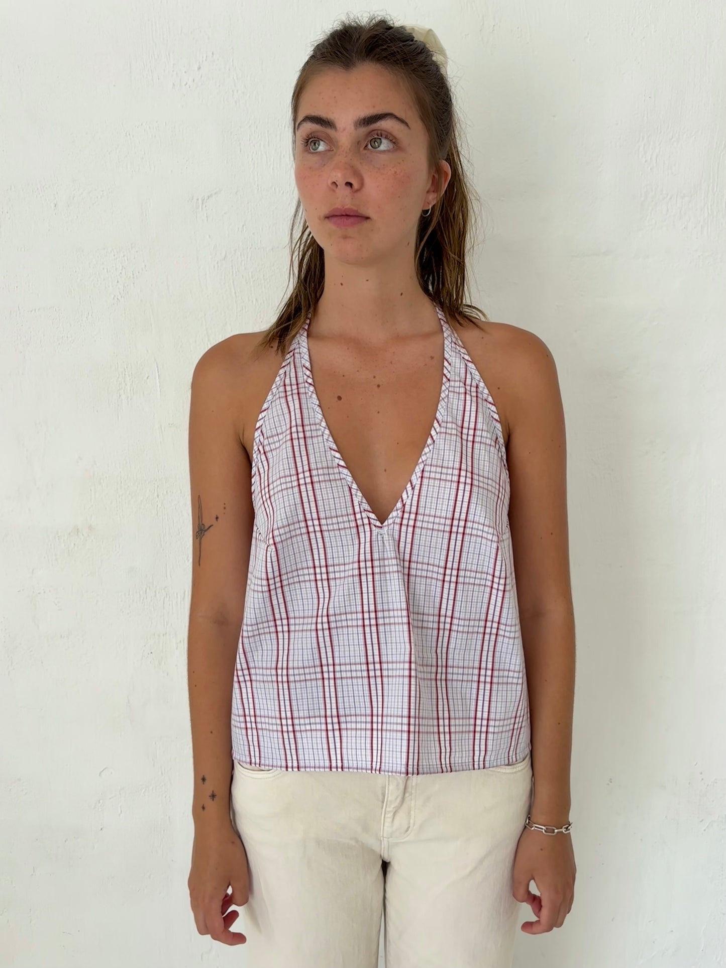 M Plunge Neck Halter Top in Red Purple Plaid