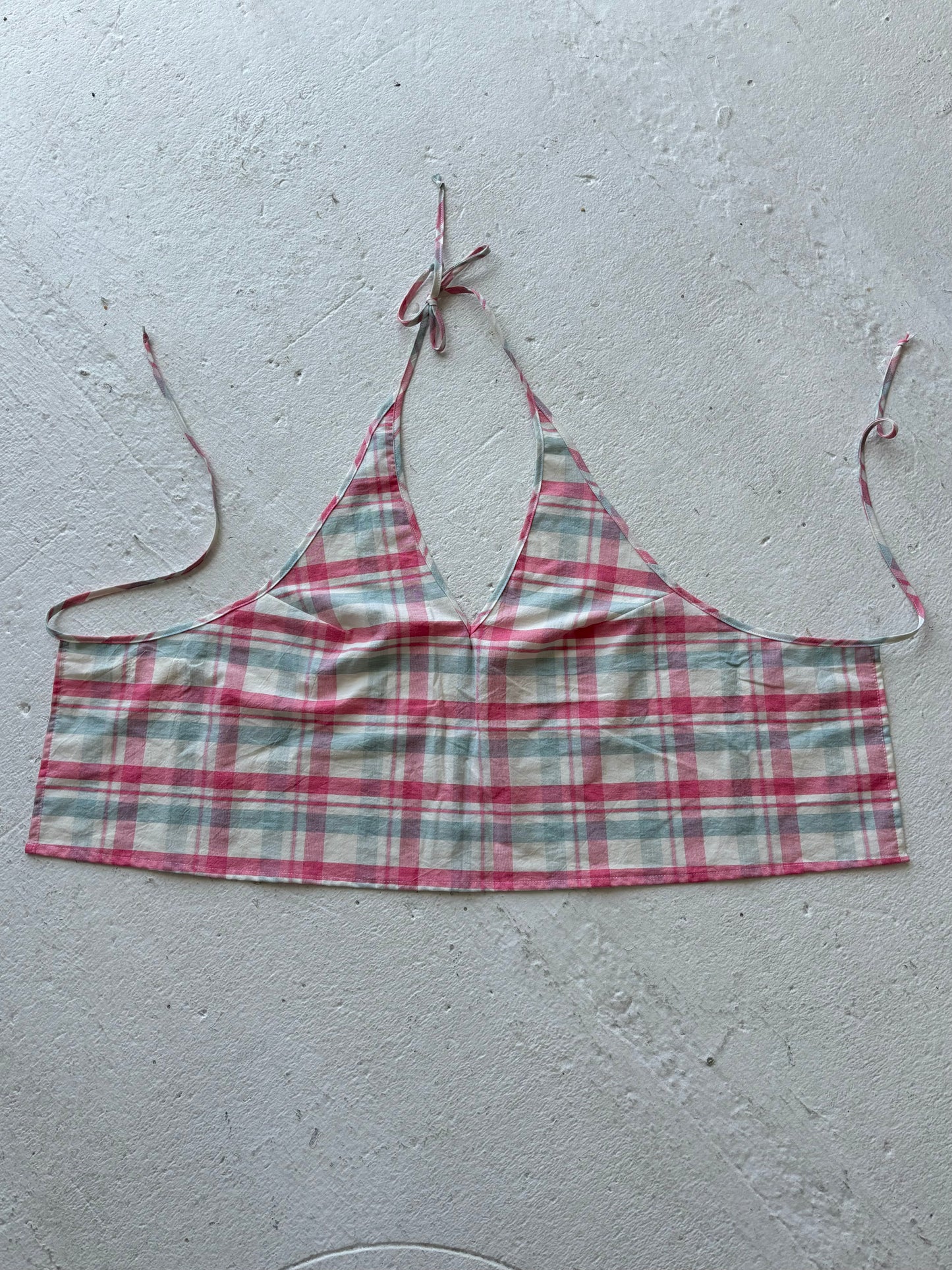 M Plunge Neck Halter Top in Pink Blue Plaid