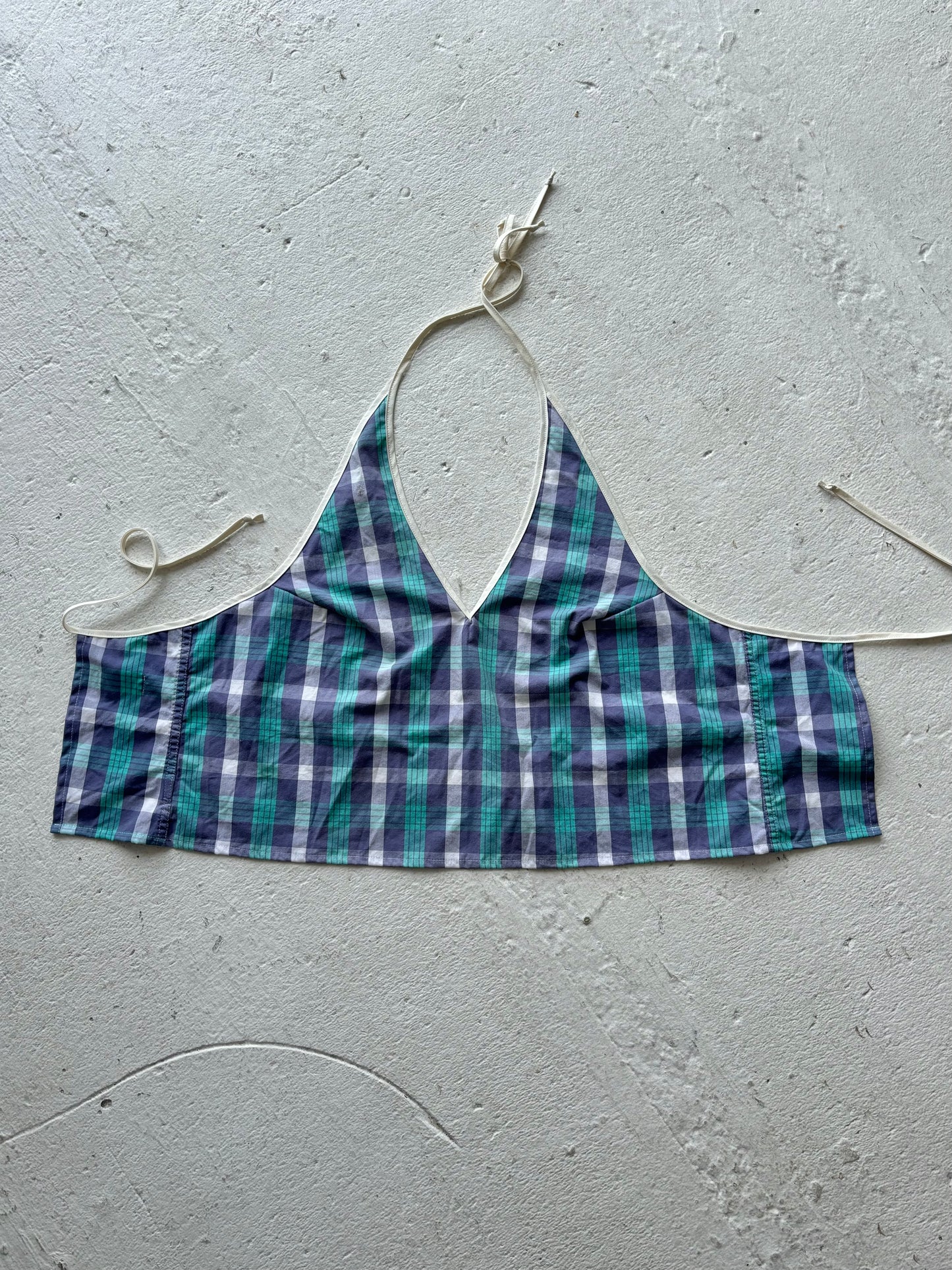 M Plunge Neck Halter Top in Purple Green Check