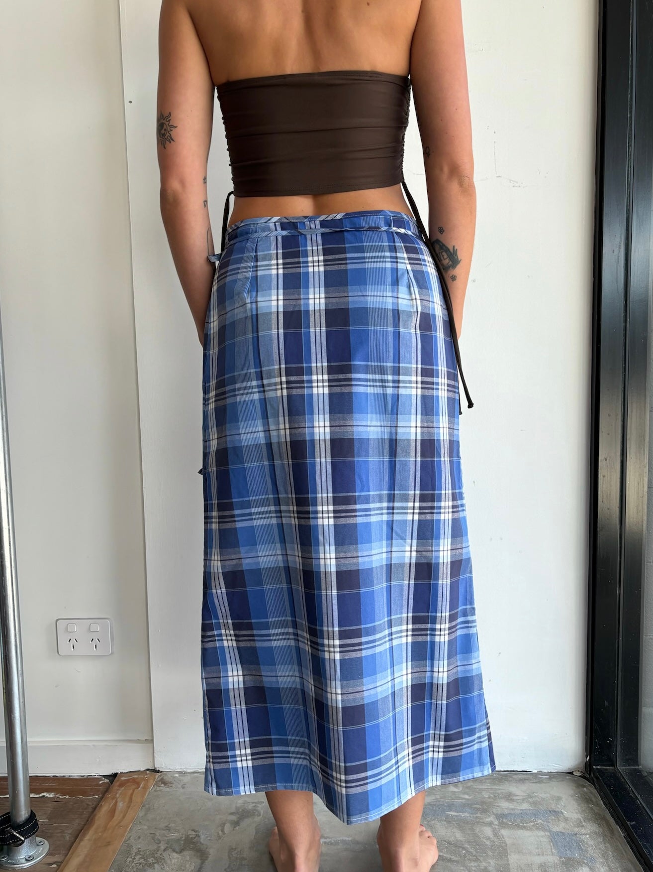 Midi Wrap Skirt in Blue Tartan