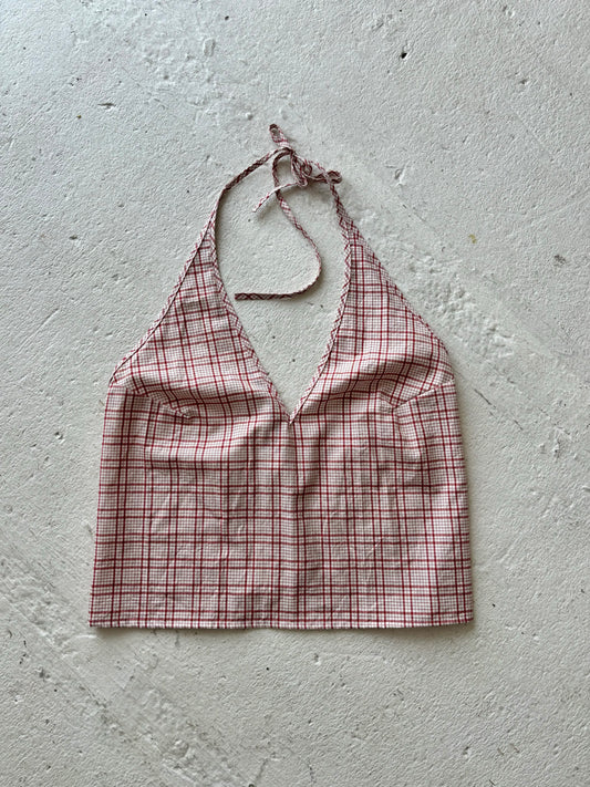 L Plunge Neck Halter Top in Red + Cream Plaid