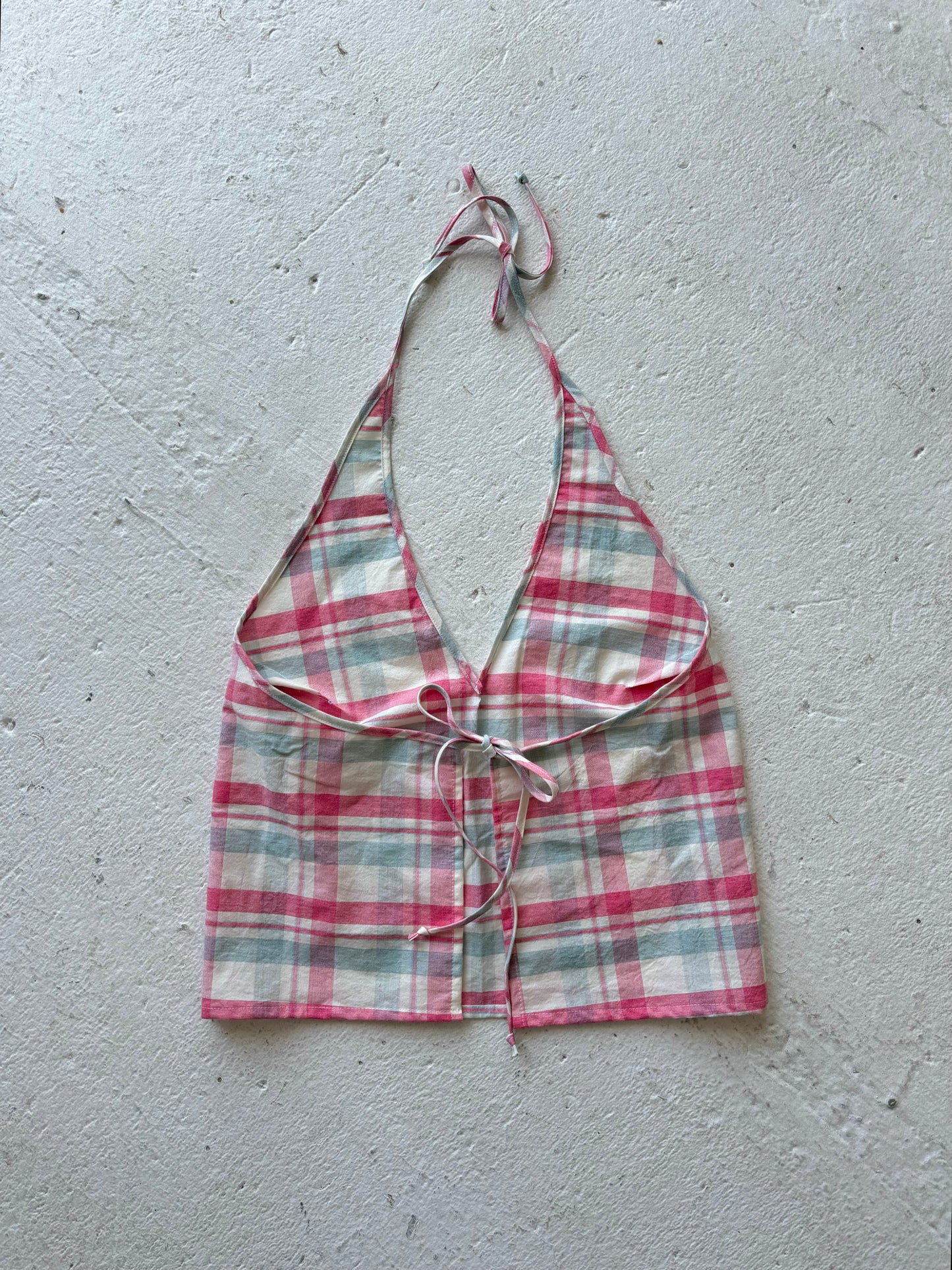 M Plunge Neck Halter Top in Pink Blue Plaid