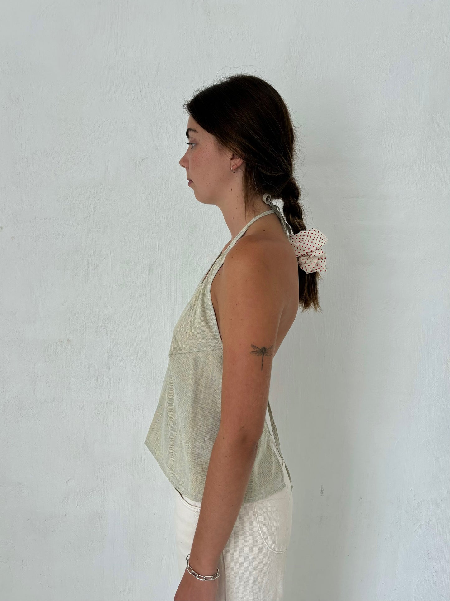 M Plunge Neck Halter Top in Beige Chambray