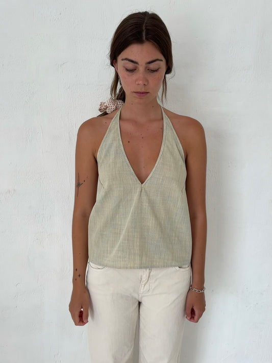 M Plunge Neck Halter Top in Beige Chambray