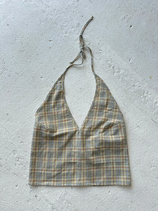 L Plunge Neck Halter Top in Light Green Plaid