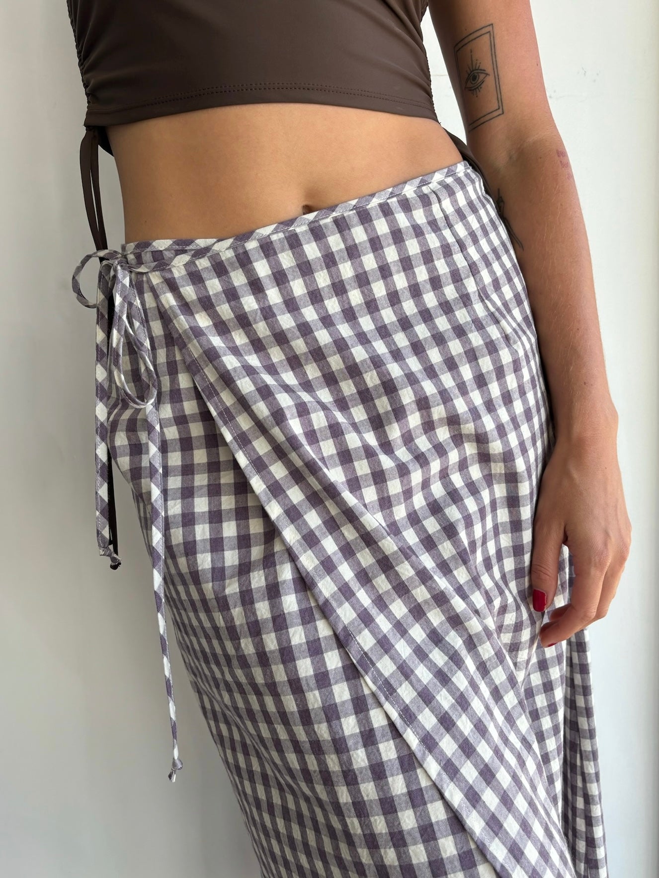 Midi Wrap Skirt in Brown Gingham