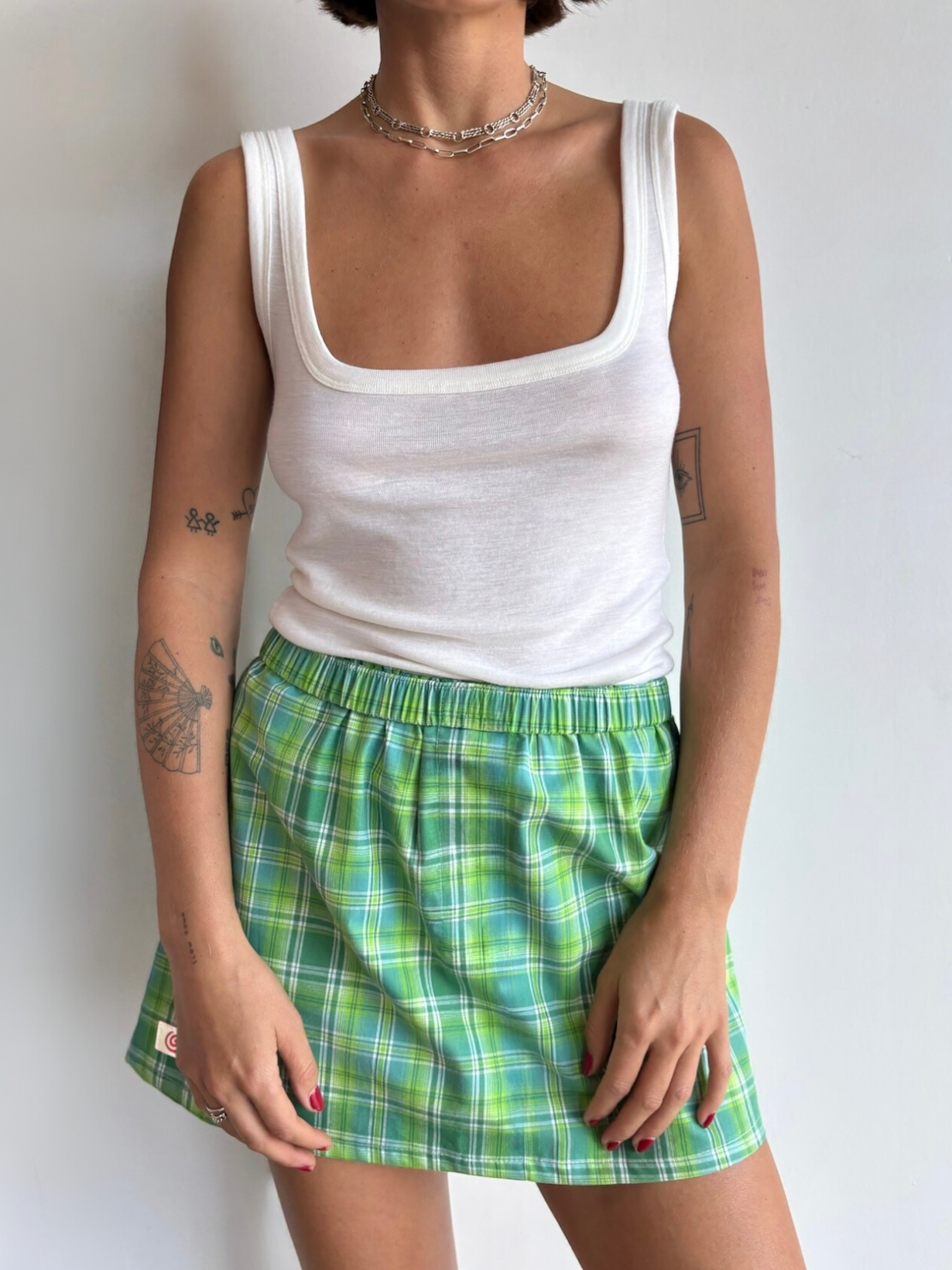 Mini Boxer Skirt in Green Tartan