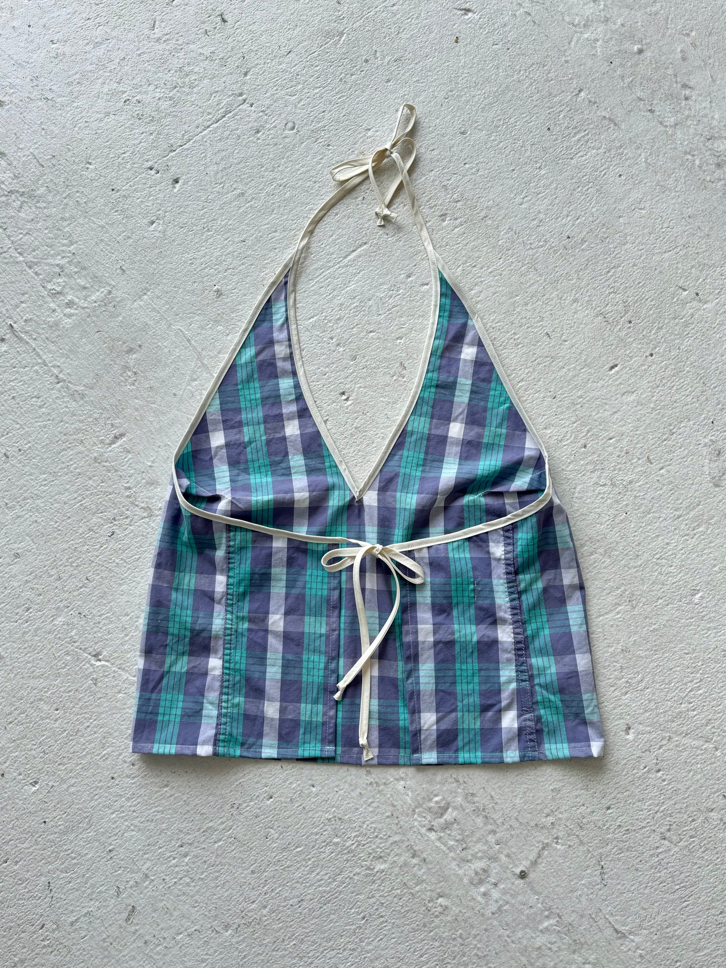 M Plunge Neck Halter Top in Purple Green Check