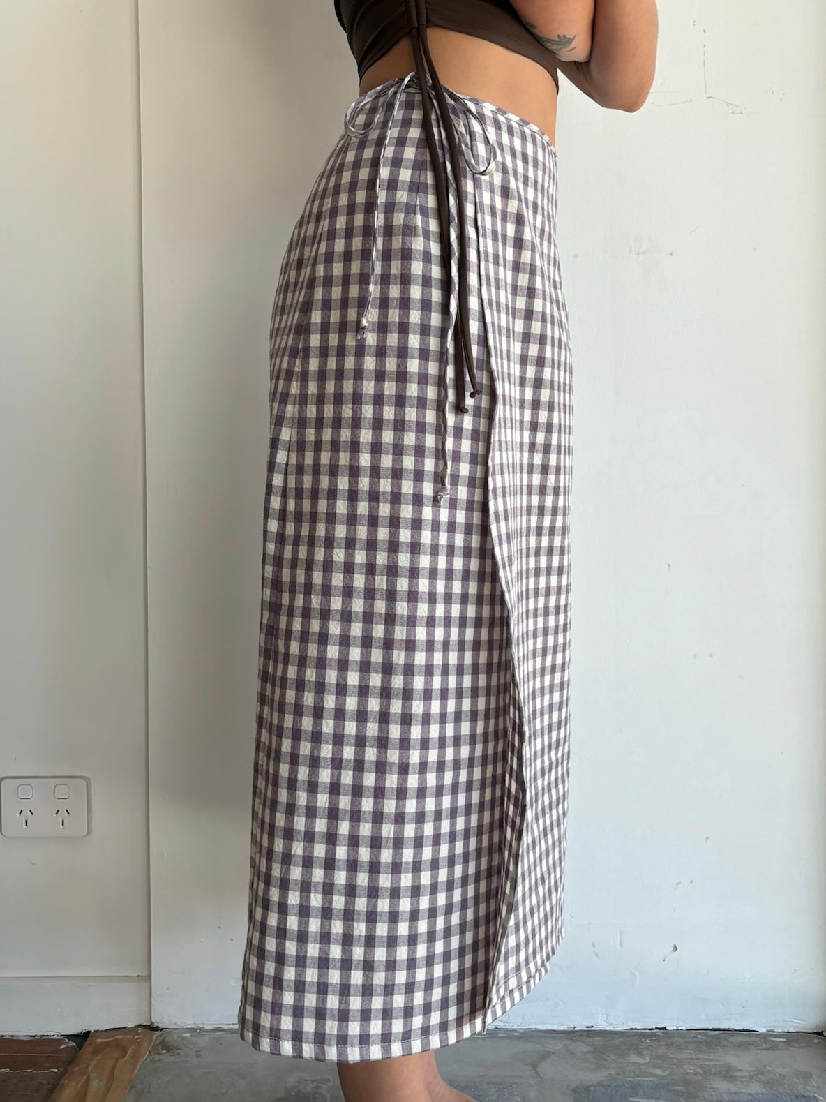 Midi Wrap Skirt in Brown Gingham
