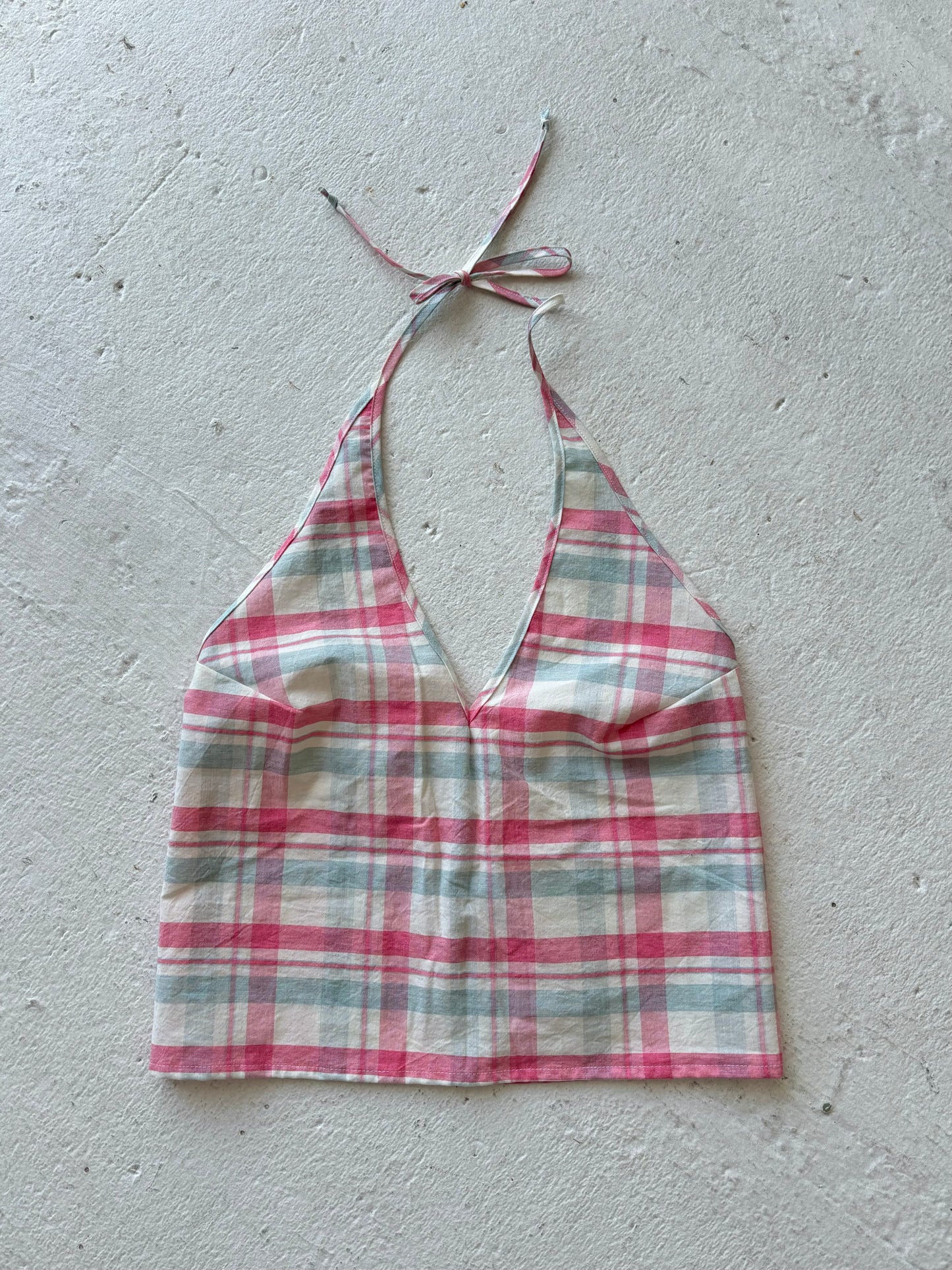 M Plunge Neck Halter Top in Pink Blue Plaid